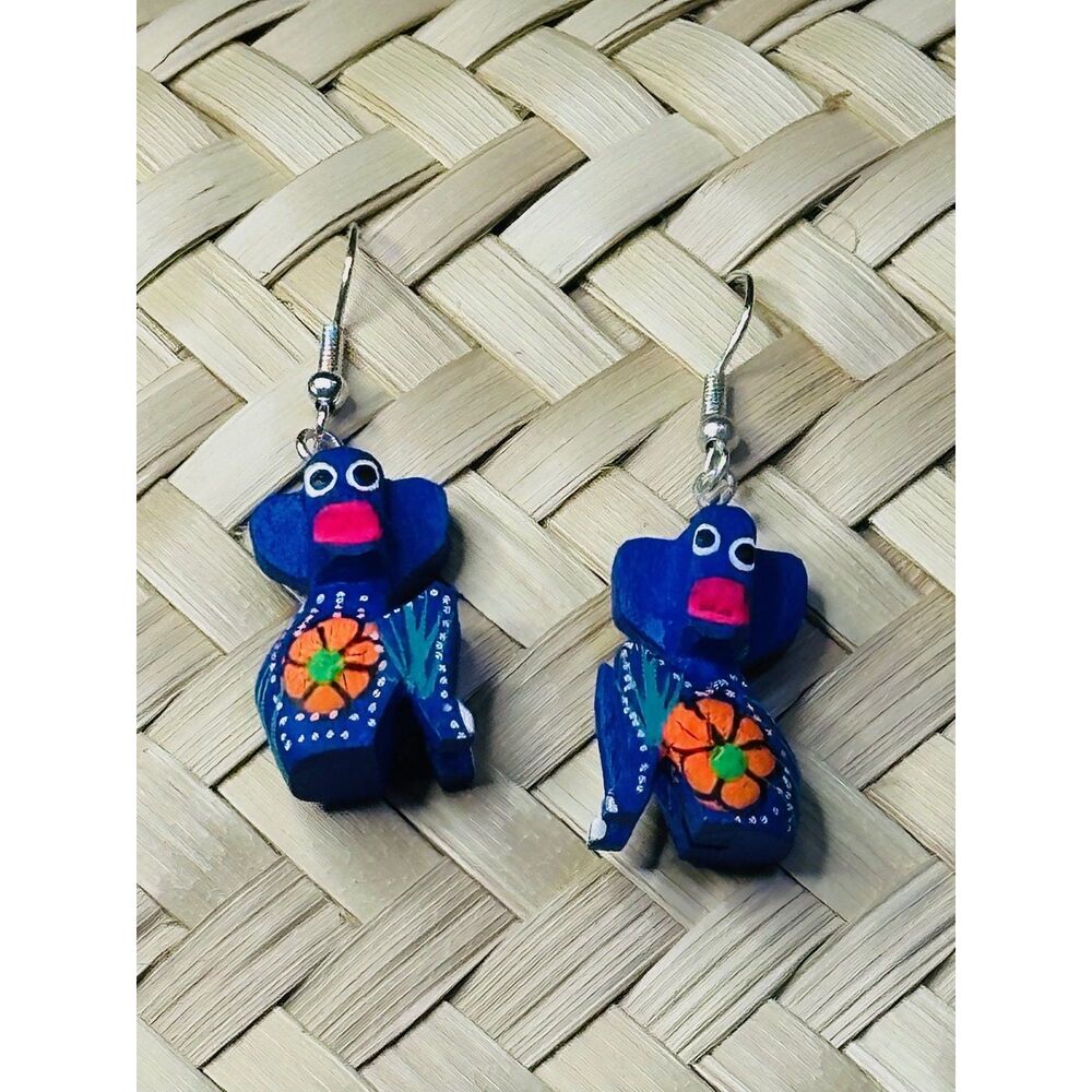 Cobalt Monkey Alebrije Earrings Hand Carved Painted Wood Oaxaca Mexican Folk Art